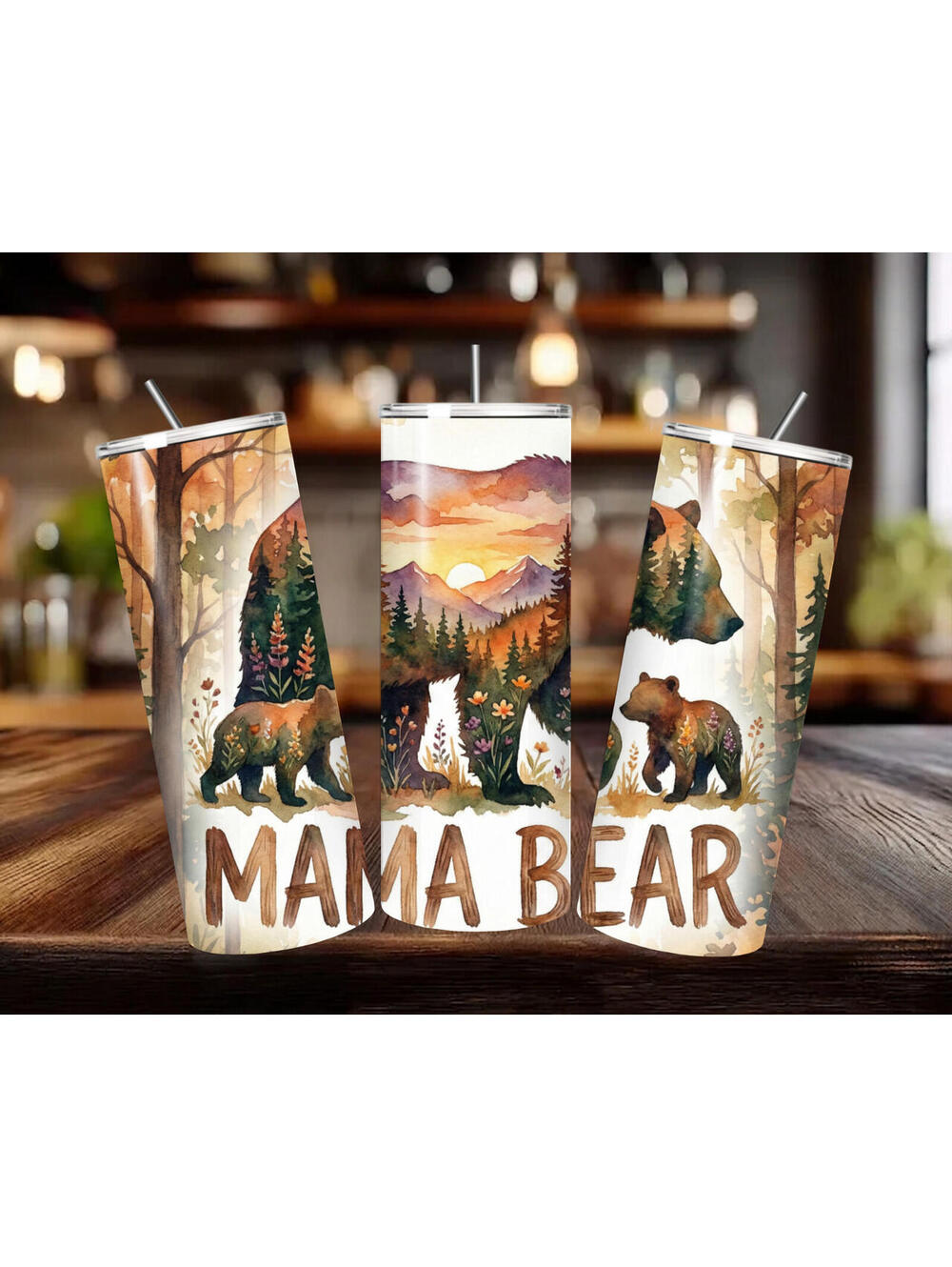 20 oz Mama Bear Stainless Steel Tumbler with Lid, Straw